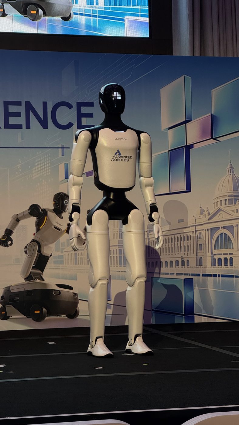 Close-up of an Agibot A3 humanoid robot on a conference stage