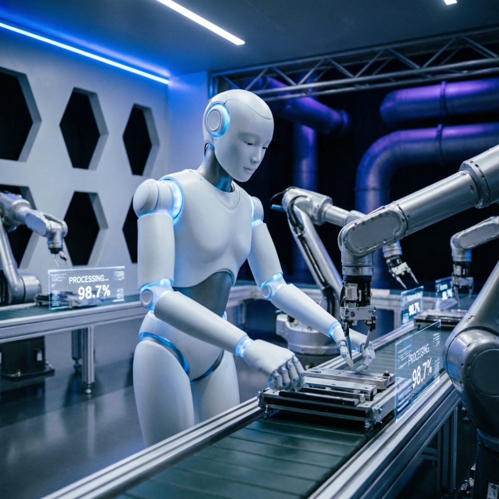 Humanoid robot working alongside robotic arms on a production line