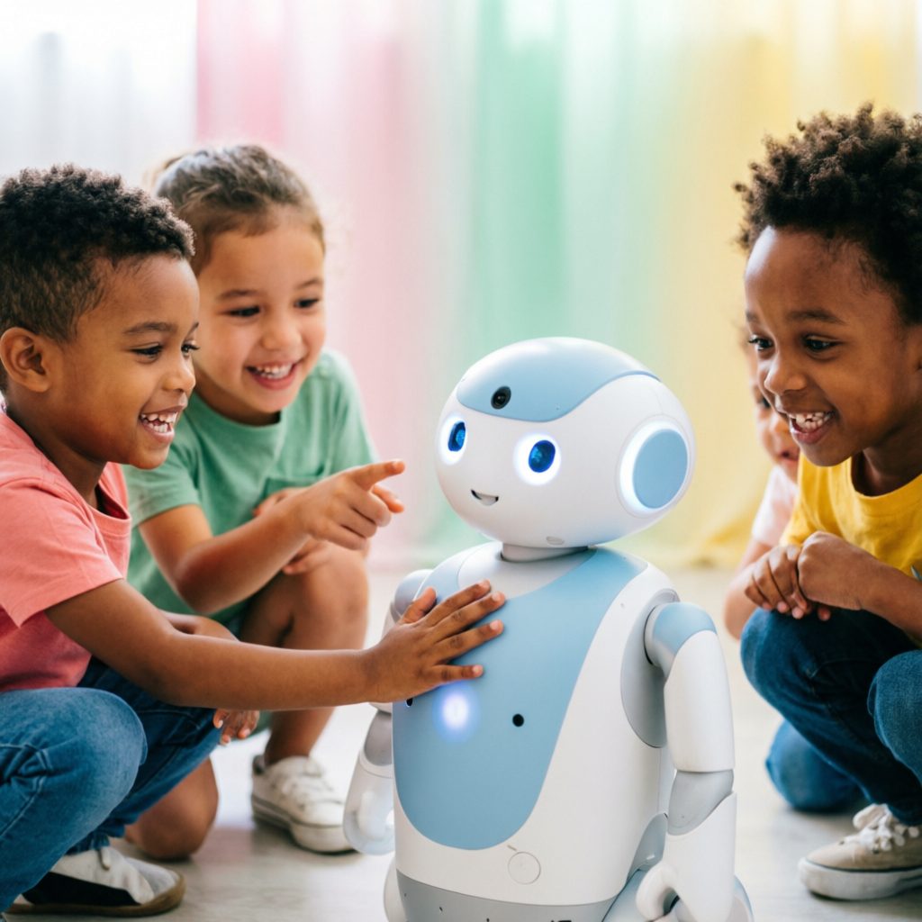 Children laughing and interacting with a small friendly robot